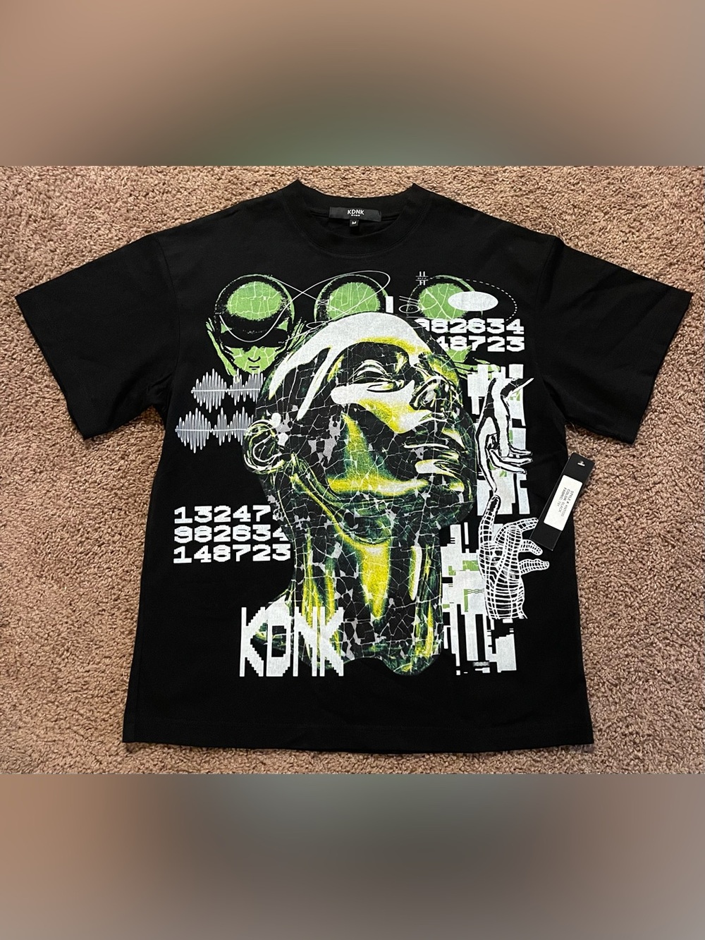 KDNK Black Short-Sleeve Tee with Neon Green Futuristic Graphic NWOT